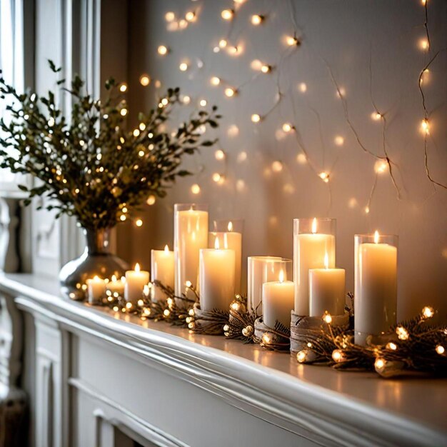 a mantle with candles and a wreath on it