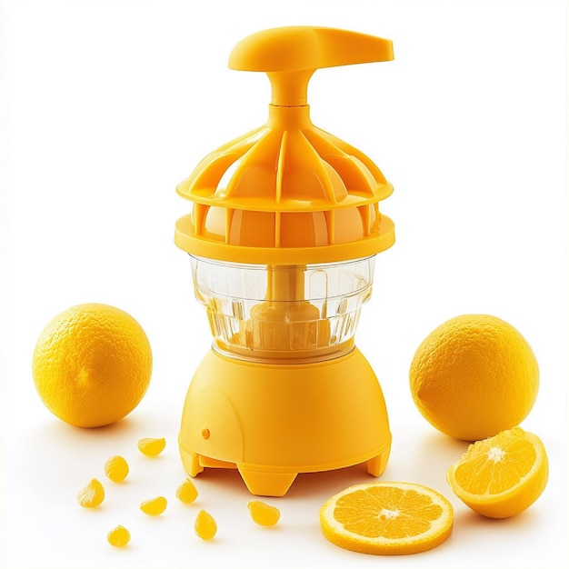 Photo manual citrus juicer with a press and collection container