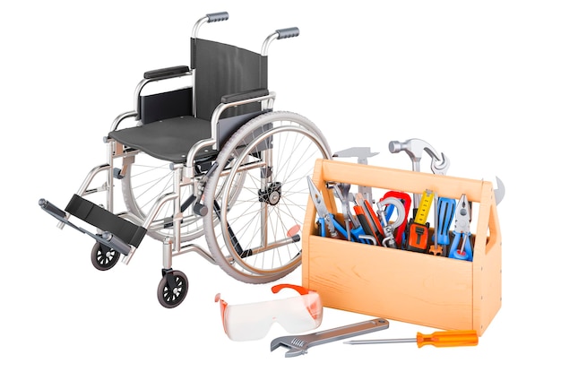 Photo manual wheelchair with toolbox service and repair of manual wheelchair 3d rendering