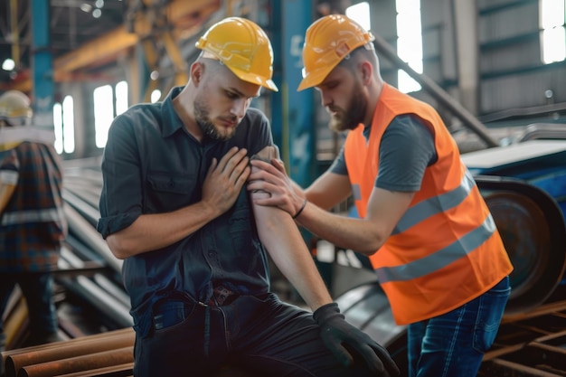 Photo manual worker assisting his colleague with physical injury in steel mill manual worker feeling pain