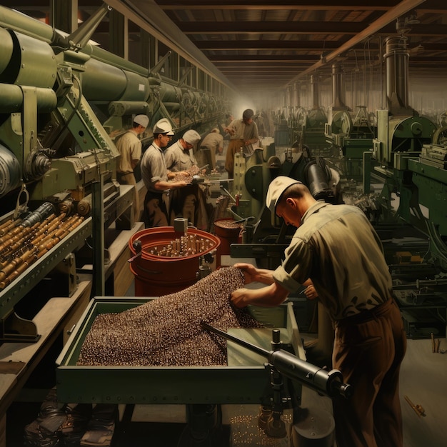 Manufacture of shells and cartridges on the assembly line of a military plant