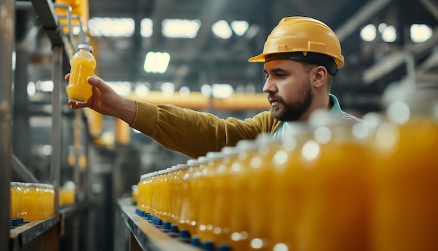 Manufacturer checking product bottles fruit juice on the conveyor belt in the beverage factory