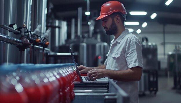 Manufacturer checking product bottles fruit juice on the conveyor belt in the beverage factory