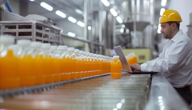 Manufacturer checking product bottles fruit juice on the conveyor belt in the beverage factory