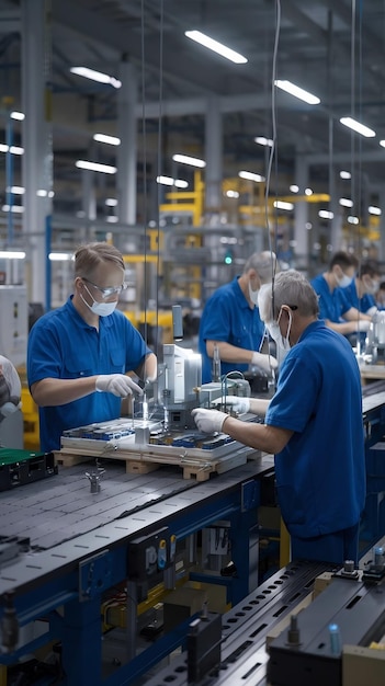 Photo manufacturing facility workers assembling products using industrial high precision machinery