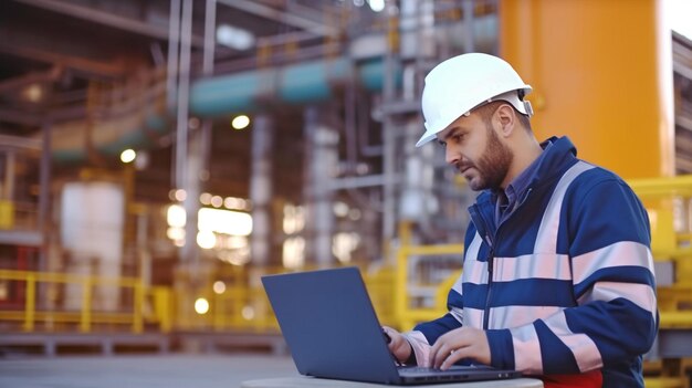 A manufacturing worker at an oil refinery is seen in a candid photo utilising a laptop computer for maintenance tasks using Generative AI