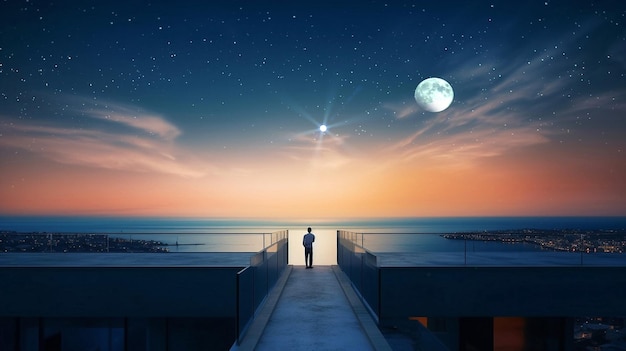 manwomanchildren standing on roof terrace and watch starry sky and moon and city blurred light