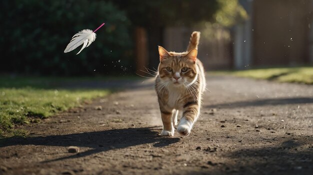 Manx Cat Chasing Feather Toy