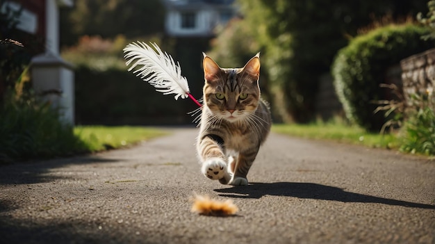 Photo manx cat chasing feather toy