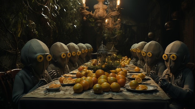 Many aliens sit together at a table and eat fruit Ai generated art