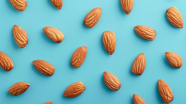 Many almond nuts on a blue background