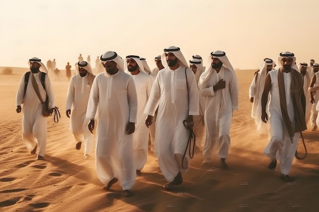 Many arab men in the desert Neural network AI generated