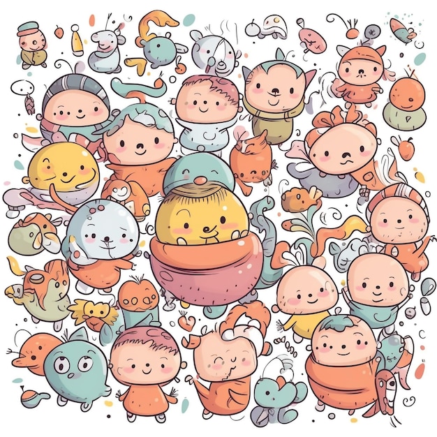 many babies doodle art style colorful funny