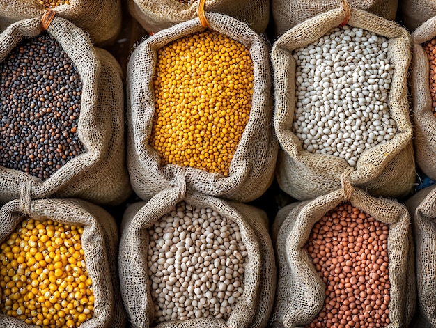 many bags of beans and corn are stacked together