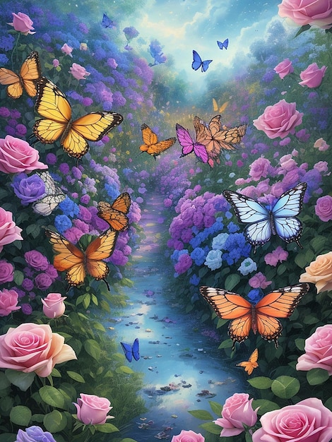 Many beautiful butterflies in a flower gardenAI Generated