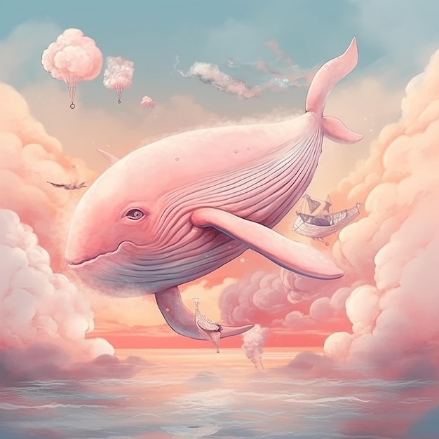 Many beautiful colorful whales are flying sky Generative AI