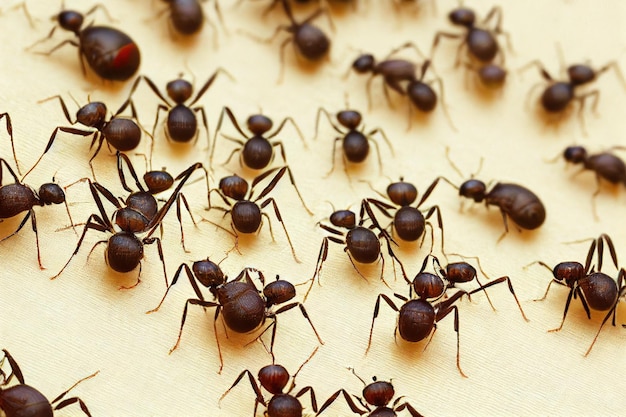 Many blackbrown insects in form of ants fuss over yellow background