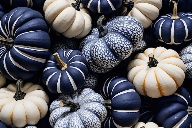 Photo many blue paint pumpkins are arranged together