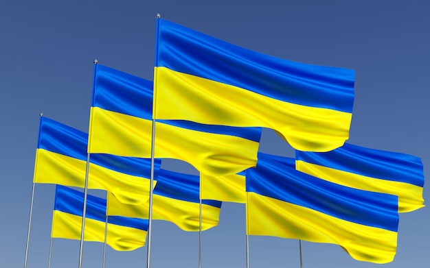 Many blue and yellow flags on flagpoles Ukrainian flags on a blue background State symbols Independent Ukraine Sovereign Ukraine 3D illustration