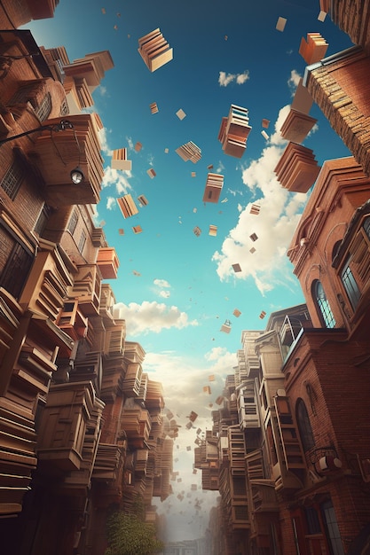 Many books fall from the sky onto the city like a rain