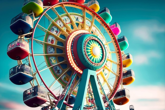 Many booths rotates on ferris wheel in amusement park created with generative ai