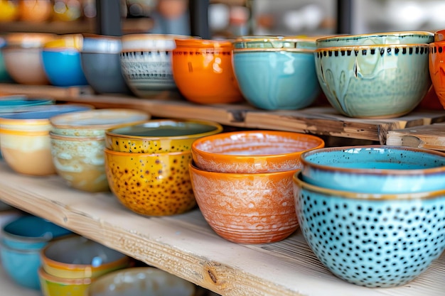 Many bowls displayed on a shelf in a shop