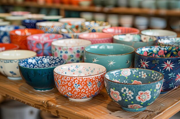 Many bowls displayed on shelves in a shop