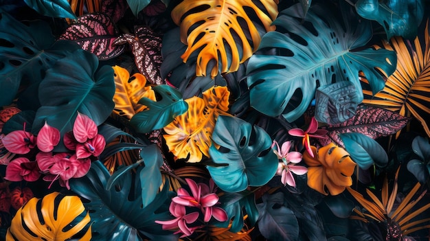 Many brightly colorful tropical plants are on a black background Exotic leaves and flowers