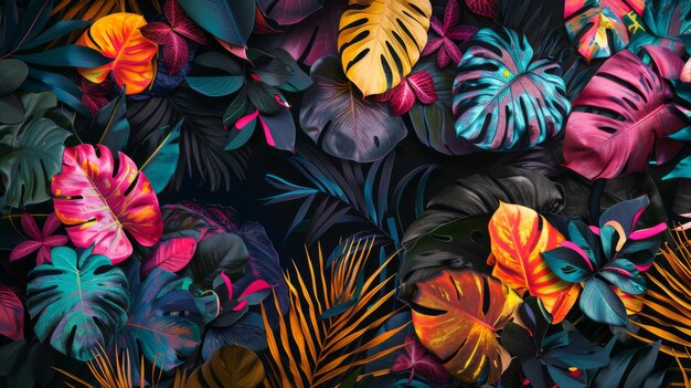 Many brightly colorful tropical plants are on a black background Exotic leaves and flowers