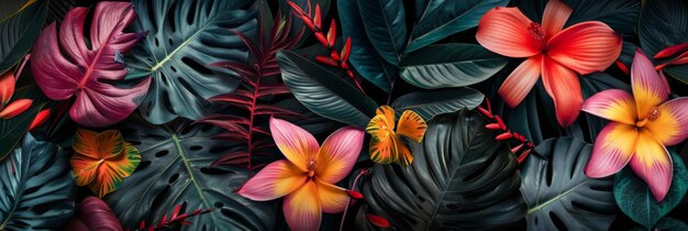 Many brightly colorful tropical plants are on a black background Exotic leaves and flowers