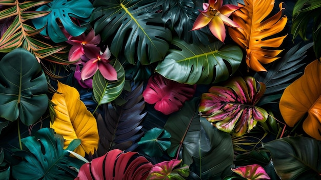 Many brightly colorful tropical plants are on a black background Exotic leaves and flowers