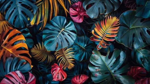 Many brightly colorful tropical plants are on a black background Exotic leaves and flowers