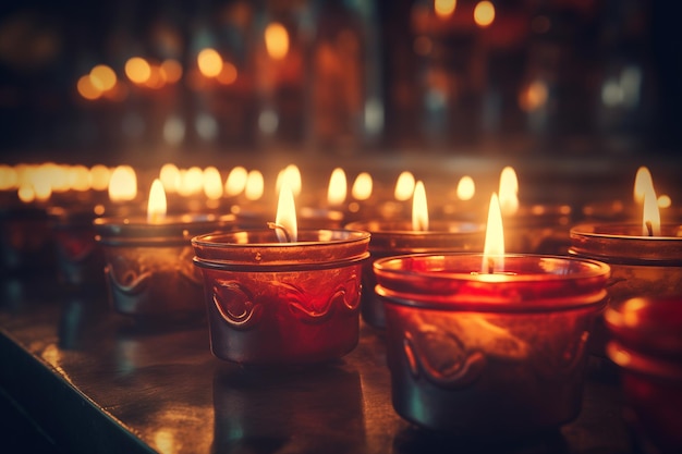 Many Candles Lit on Dark Background Cultural Themes Illuminated Warm Atmosphere Ambient Lighting