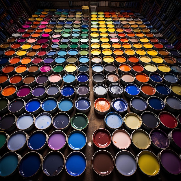 Photo many cans of colored paints