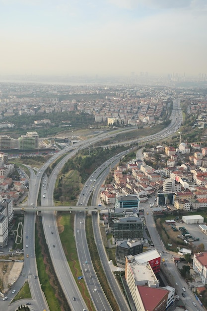 Many cars in a high away top view