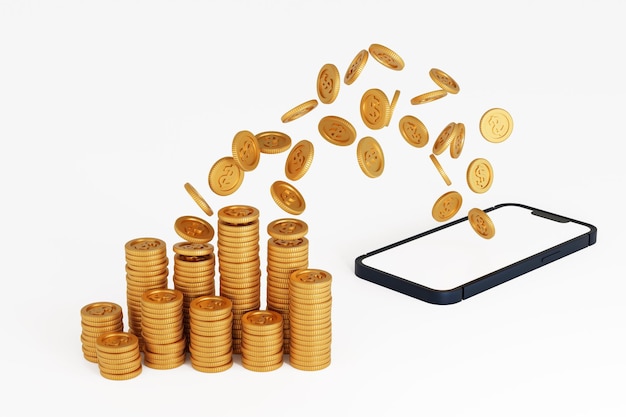 Many coin up rising from smartphone screen to coin stack take profit online ecommerce 3D rendering