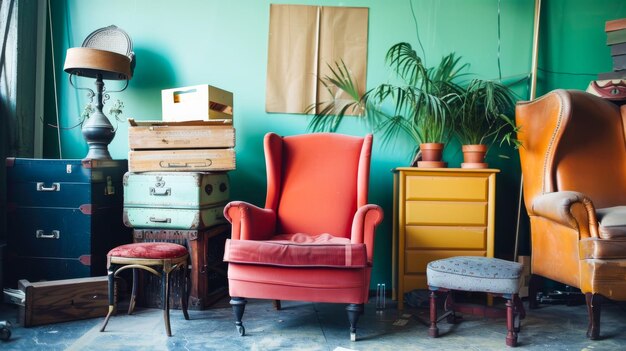 Many colored furniture pieces fill the room