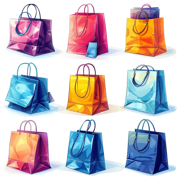 many colorful bags are lined up on a white background