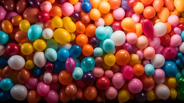 Many colorful balloons decorated wall as background