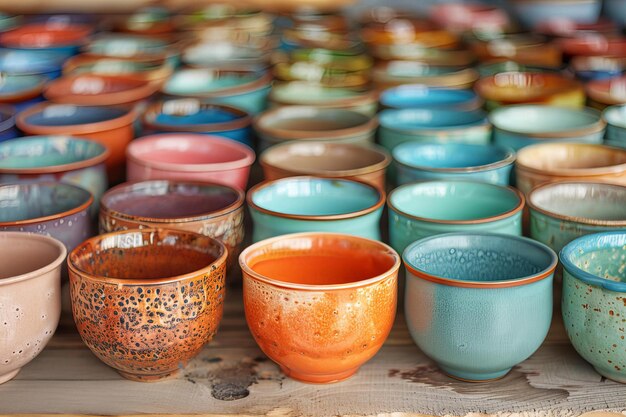 Many colorful bowls on table