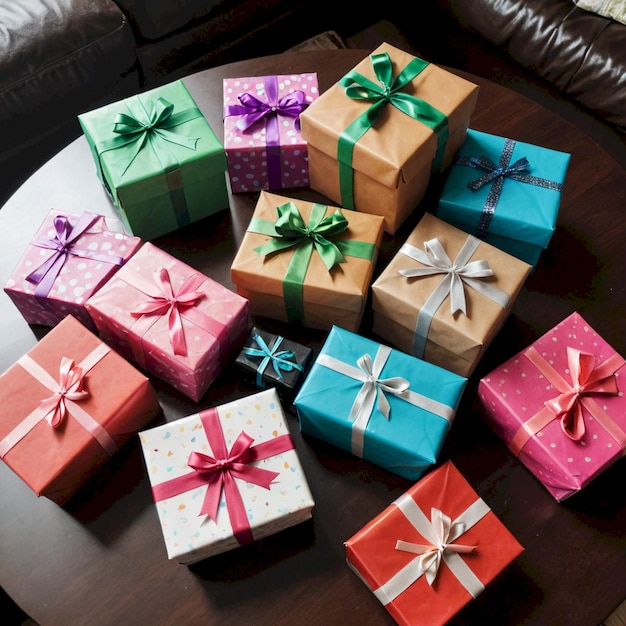 many colorful boxes of different colors are on a table