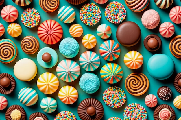 Many colorful candies are arranged on blue background Generative AI