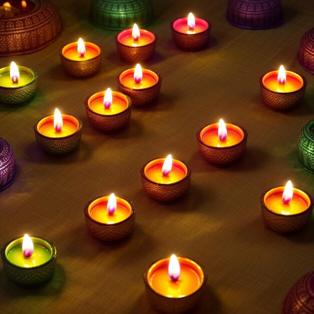 many colorful candles are lit up on a table