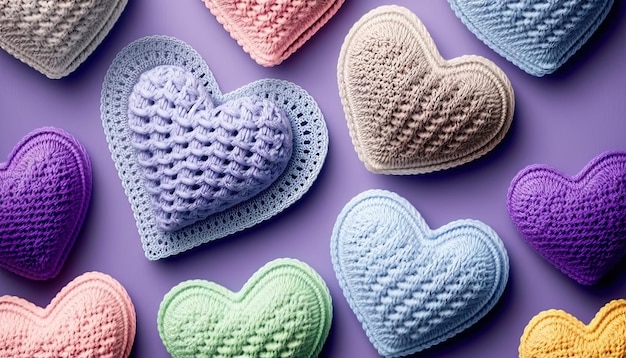 Many colorful crocheted hearts on purple background Generative AI