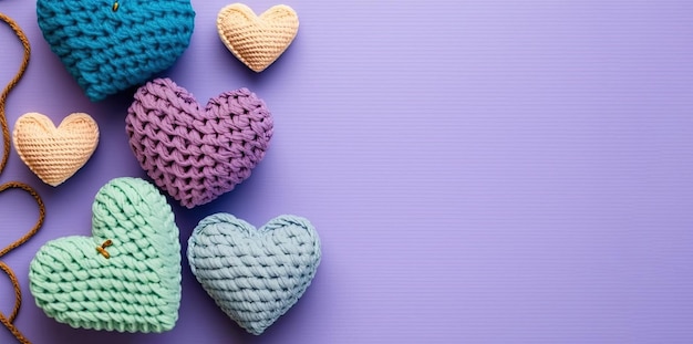 Many colorful crocheted hearts on purple background Generative AI