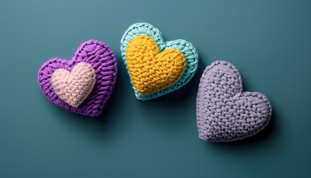 Many colorful crocheted hearts on purple background Generative AI