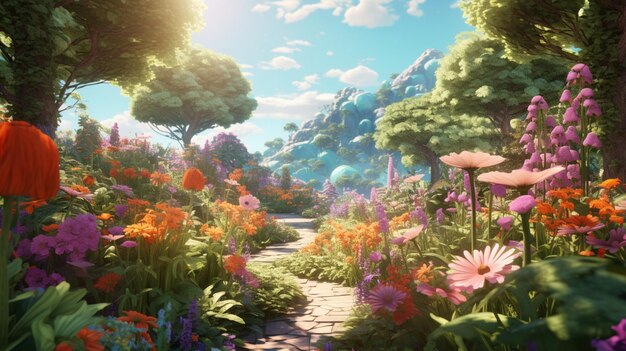 Many colorful flower garden with path Generative AI