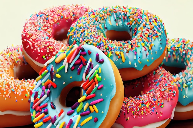 Many colorful frosted cake donuts with candy sprinkles stacked and up on side laying on wood