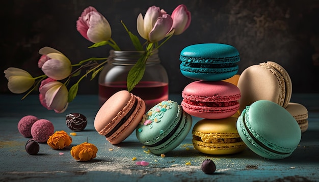 Many colorful macaroons on dark background Sweets for any celebration Generative AI