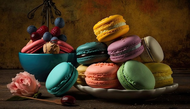 Many colorful macaroons on dark background Sweets for any celebration Generative AI